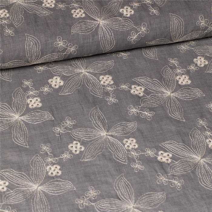 Coton bleu brodé Fleurs Coton bleu brodé Fleurs