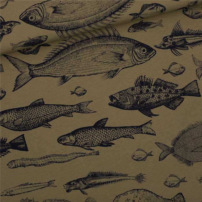 French Terry Fish Study Olive Green - Coupon de 85 cm French Terry Fish Study Olive Green - Coupon de 85 cm