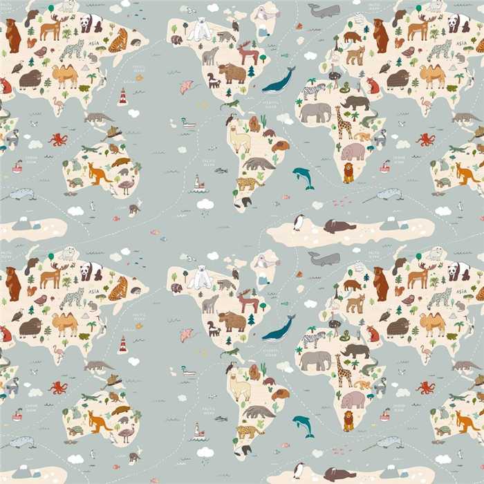 Popeline de coton Animals World Map