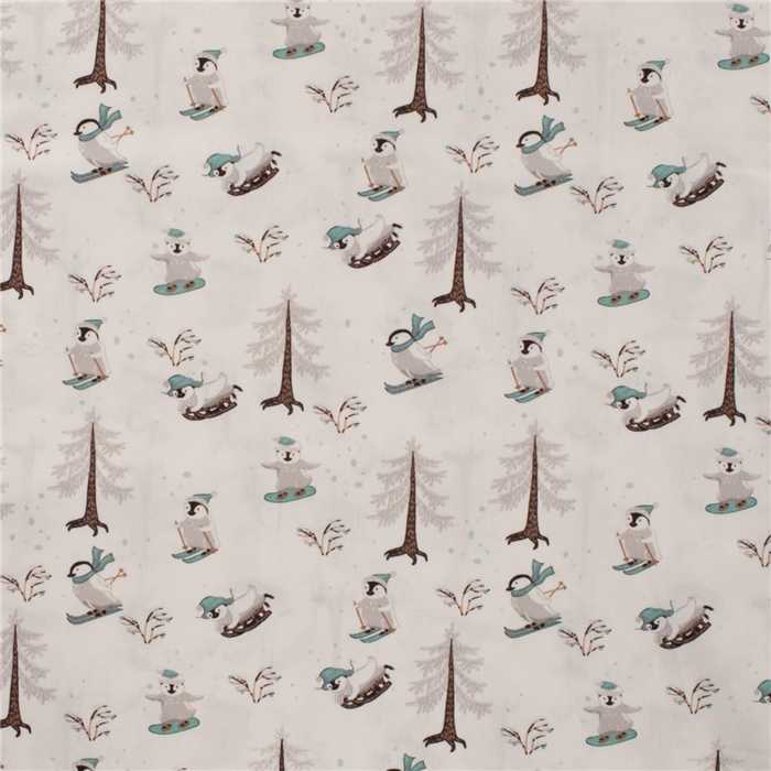 Popeline de coton Skiing Pinguins White Popeline de coton Skiing Pinguins White