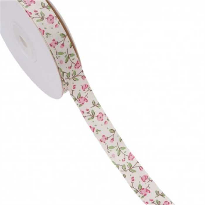 Ruban coton imprimé Fleurs roses Ruban coton imprimé Fleurs roses