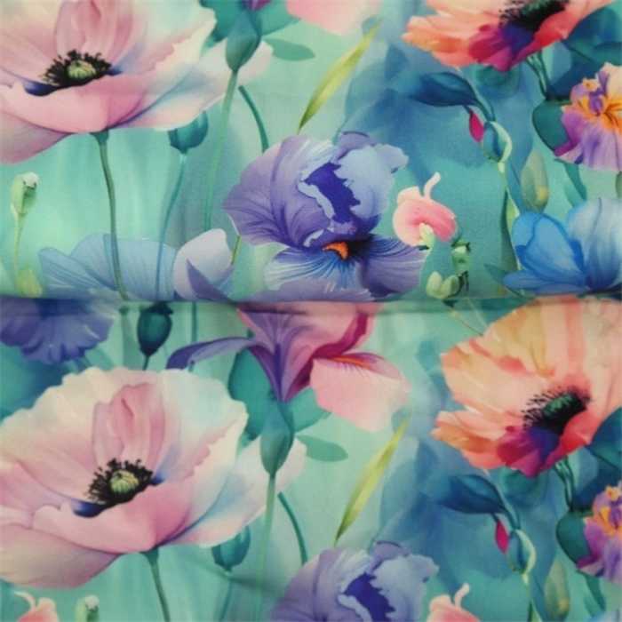 Viscose Romantic poppy flowers Blue Viscose Romantic poppy flowers Blue